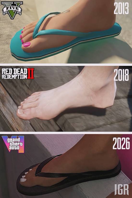 R星三部曲足部建模进化史：从GTA5到GTA6的写实飞跃